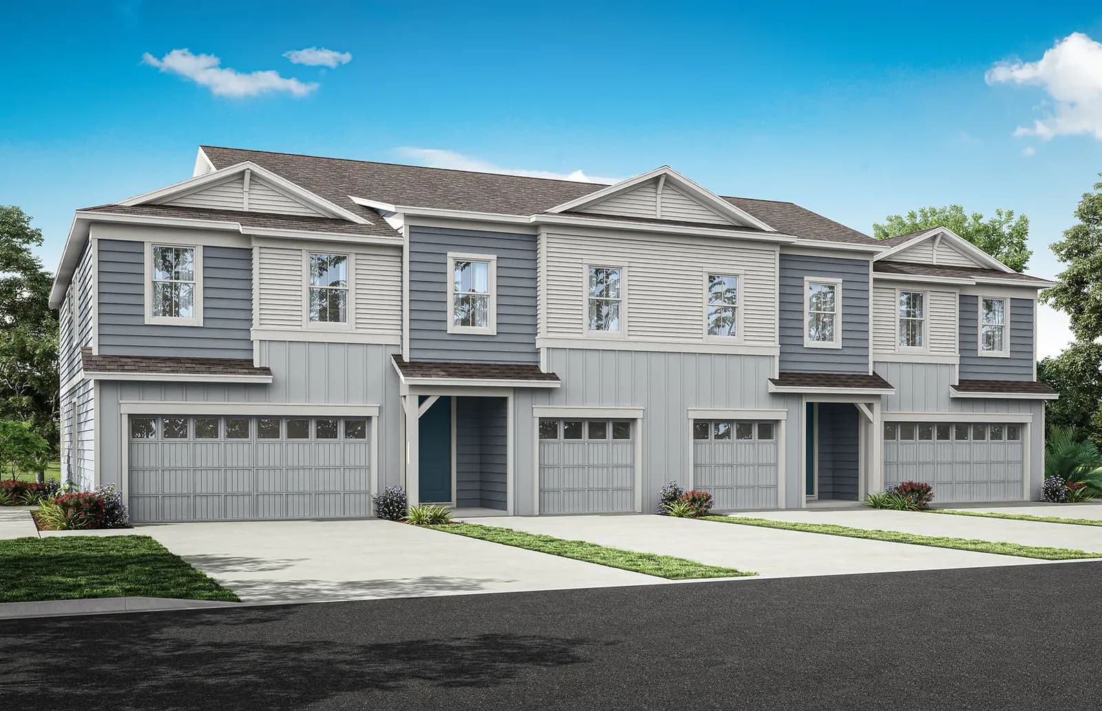 Render del edificio de cuatro townhomes de Somerset Lakes, elevación Coastal, representación artística