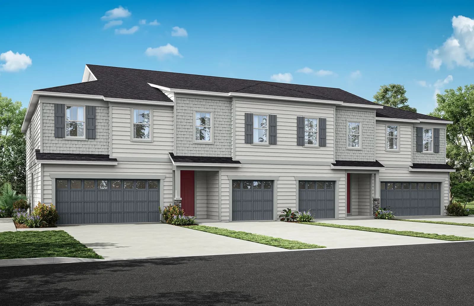 Render del edificio de cuatro townhomes de Somerset Lakes, elevación Craftsman, representación artística
