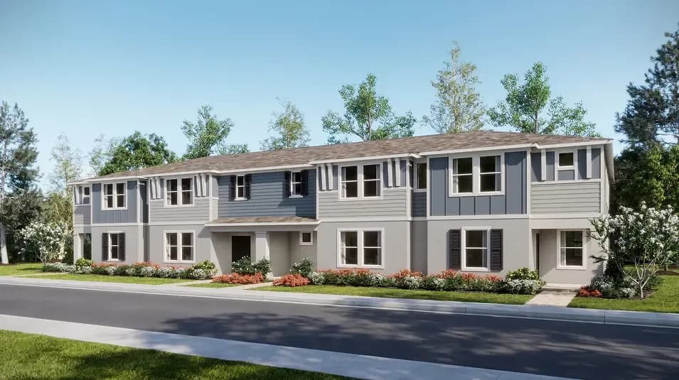Render de elevación Coastal de los Trail Townhomes, representación artística